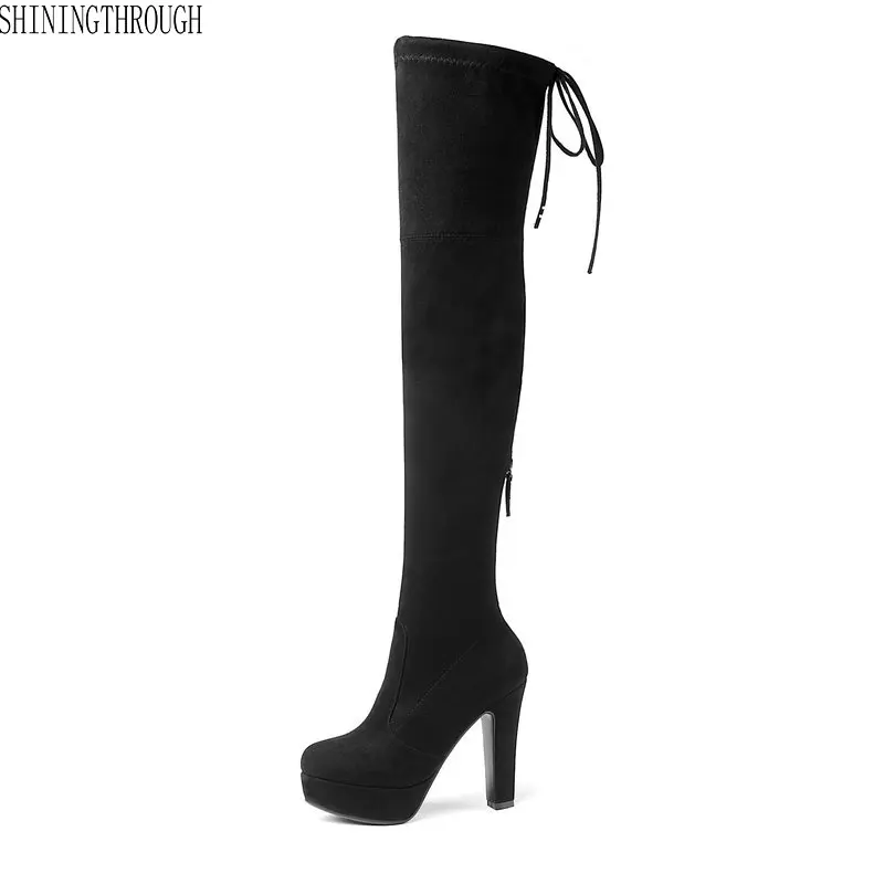 large size 34-43 low square heels genuine leather brand shoes women boots black square toe knee high boots