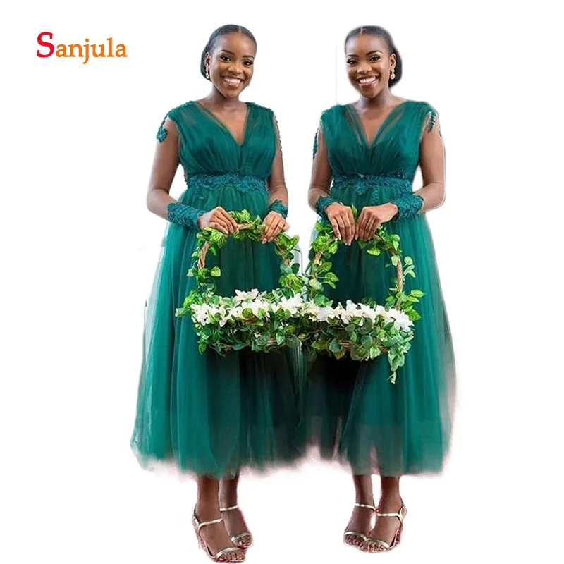 Dark Green Tulle A-Line African Bridesmaid Dresses Tea-Length V Neck Sheer Long Sleeve Maid of Honor Appliques D504 | Свадьбы и