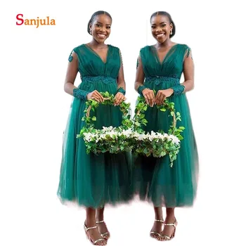 

Dark Green Tulle A-Line African Bridesmaid Dresses Tea-Length V Neck Sheer Long Sleeve Maid of Honor Dresses Appliques D504
