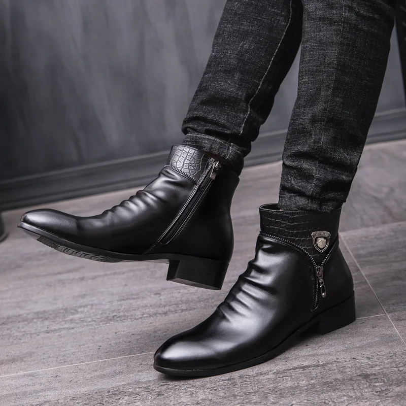 

Fashion Casual Zip Men Chelsea Boots Ankle PU Med Solid Vintage Motorcycle Boots Metal Decoration Pointed Toe British Style Shoe