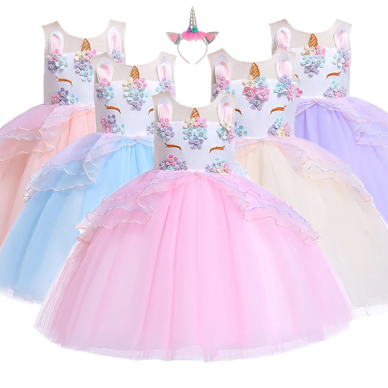Необычные дети Единорог Платье с фатиновой юбкой для обувь девочек вышитая бальное платье Детские платья принцессы в цветочек Свадебная
