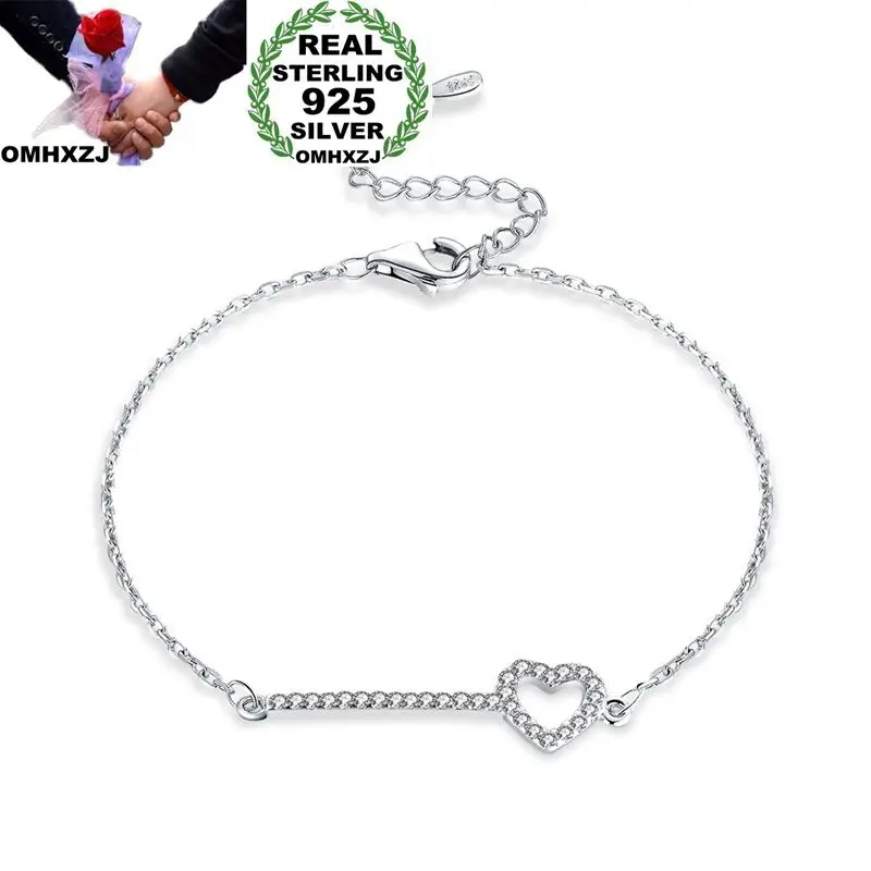 

OMHXZJ Wholesale Personality Fashion OL Woman Girl Party Wedding Gift White Heart Zircon Thin 925 Sterling Silver Bracelet BR108