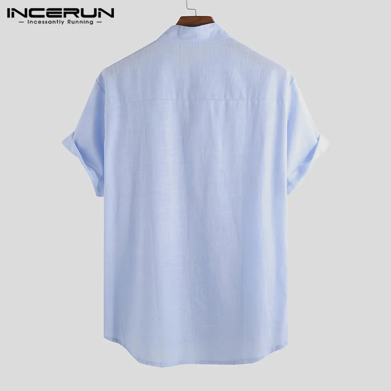 INCERUN Short Sleeve Cotton Men Shirt Stand Collar Button Solid Casual Blouse Harajuku Streetwear Brand Shirts Men Camisa