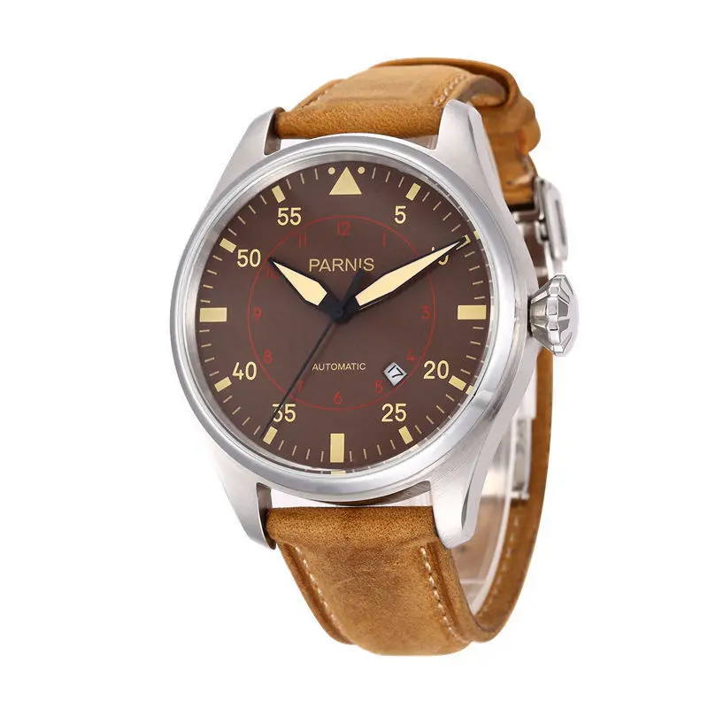 

47mm parnis coffee Dial Date SS Case leather strap Automatic Mechanical men's Watch