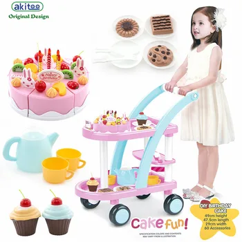 

akitoo 3226 Upgrade Girl House Shop Shopping Cart Toy Pink Birthday Cake Cut look Baby Cosplay earluy education toys gift