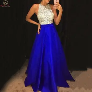 

Royal Blue Women A Line Evening Dresses 2019 Satin Beading Crystal robe de soiree Formal Party Gowns Long Prom vestido de festa