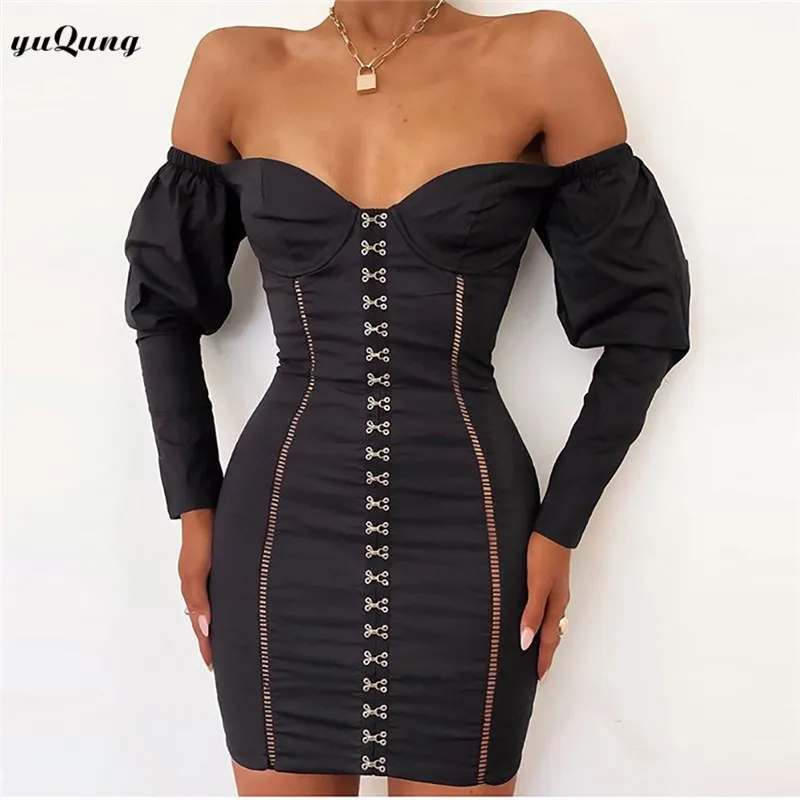 

yuqung women hollow out Long Puffed Sleeve Mini Bodycon Dress off shoulder slash neck hook bandage Party Dress white 2019 autumn