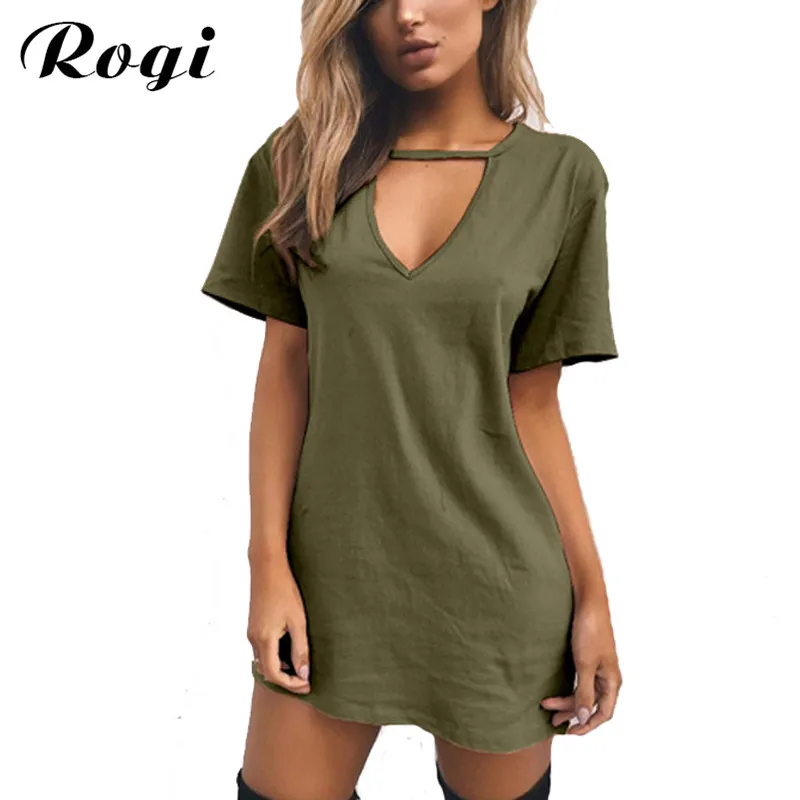 Rogi t shirt Vestidos 2019 летнее платье футболка с v образным вырезом женские вечерние