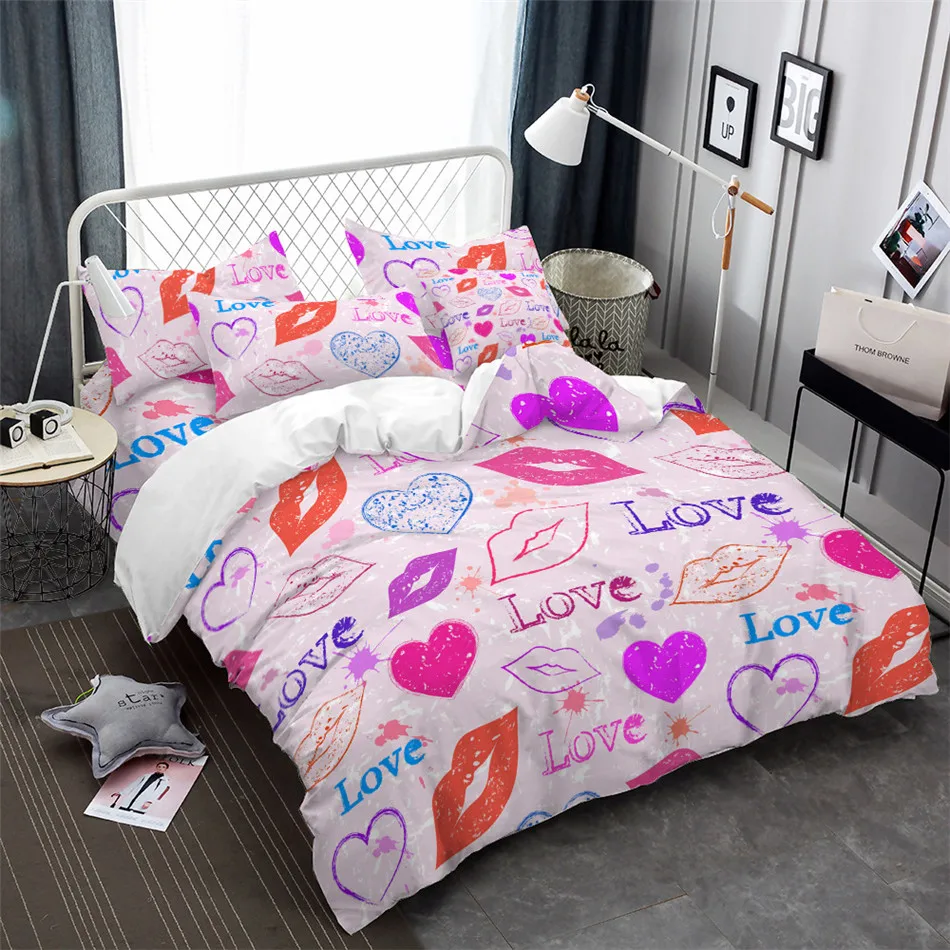 Romantic Couples Bedding Set Colorful Lips Heart Print Duvet Cover Set