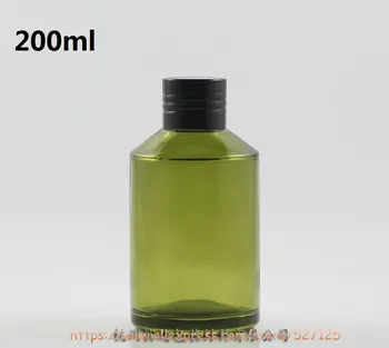 

200ml olive green(painted) glass bottle with black aluminum lid+reducer,essential oil/liquid/moisturizer/facial water container
