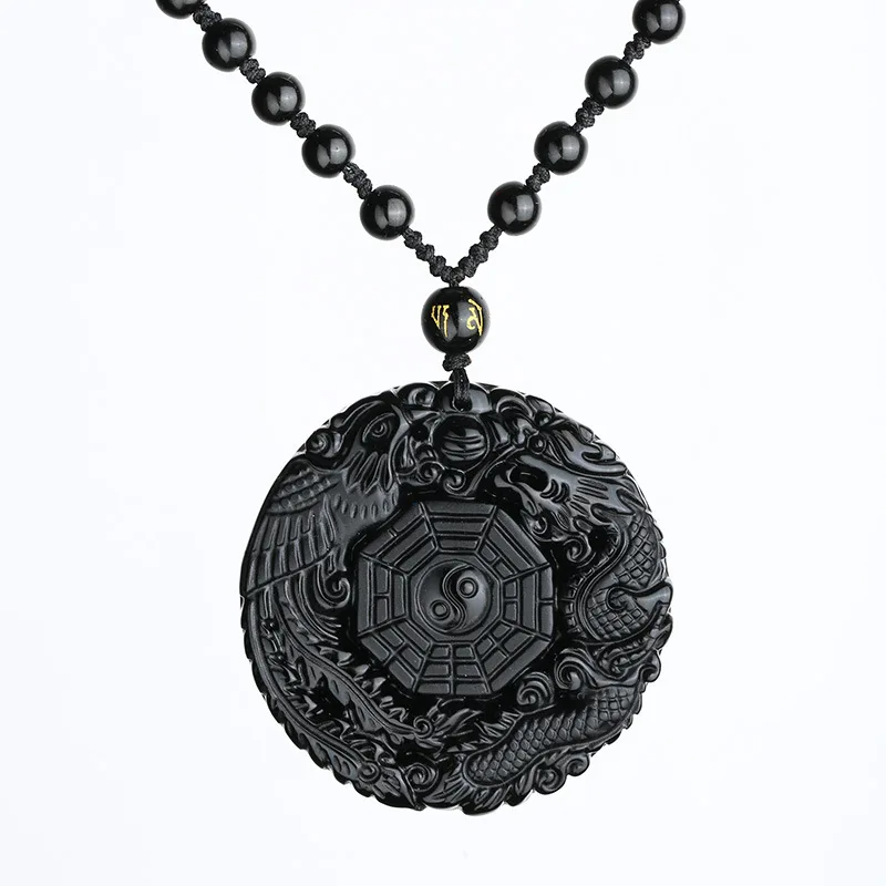 wholesale natural Black Obsidian Carving Dragon and Phoenix Necklace Eight-Diagram tactics Tai Ji Carved pendnant