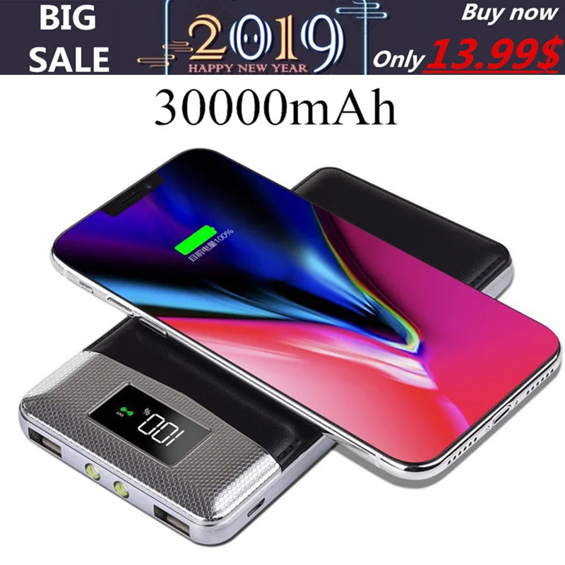 Для iPhone X 8 ЖК-дисплей 30000 mAh Ци Беспроводной Зарядное устройство 2A Dual USB Мощность