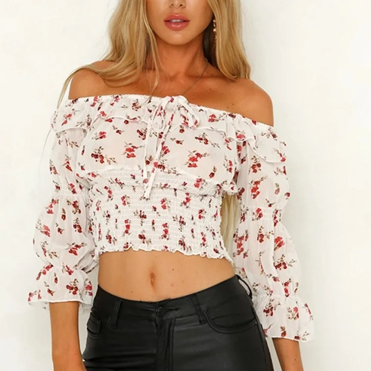2019 Chiffon Women Blouse And Shirt Sweet Elegant Ruffle Sexy Slash Neck Beach Floral Printed Blouse Shirt Backless Female Tops
