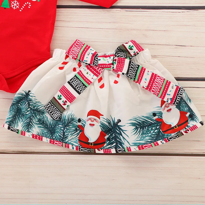Рождественская одежда для маленьких девочек; Рождественский комплект одежды с длинными рукавами для новорожденных; Одежда для маленьких девочек на первое Рождество; комбинезон+ юбка; D0935