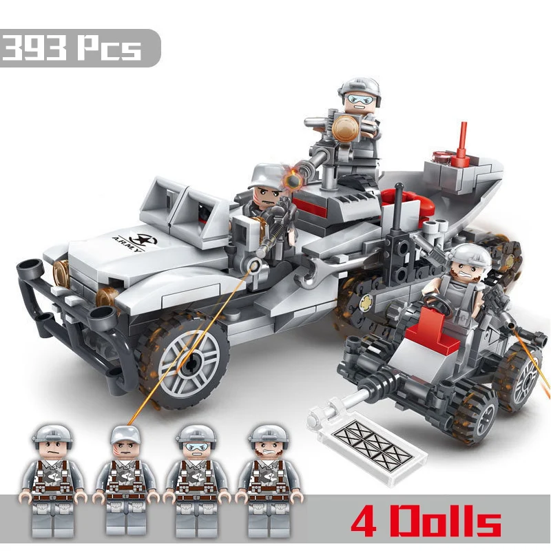 393Pcs Military Truck Vehicles 4IN1 Army Jungle Force Truck Building Blocks Compatible Legoings City Ww2 Figures Child Boys Toys