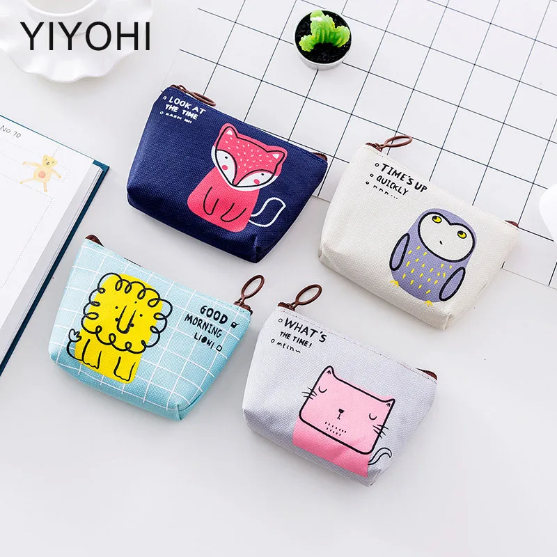 

Unisex 4 Colors Canvas Coin Purse Wallet Fashion Cute Cat/Lion/Fox Key Pouch Bag creative Mini Change Purses Wallets For Gift