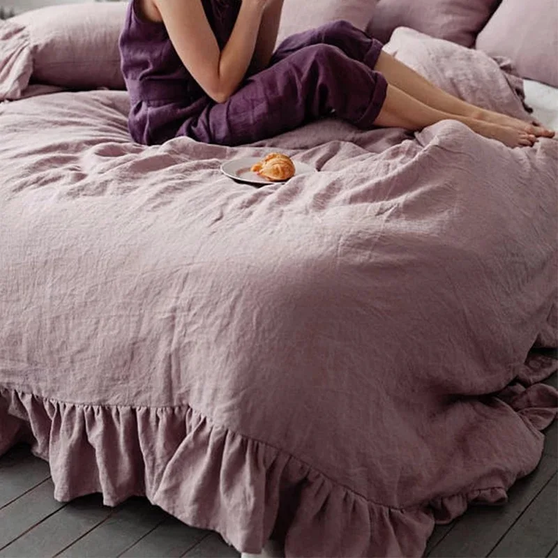 

4 PC Scollop Style 100% Linen Bedding Set Flat Sheet Duvet Cover Pillowcases Gray Purple Pink Color King Size Customize