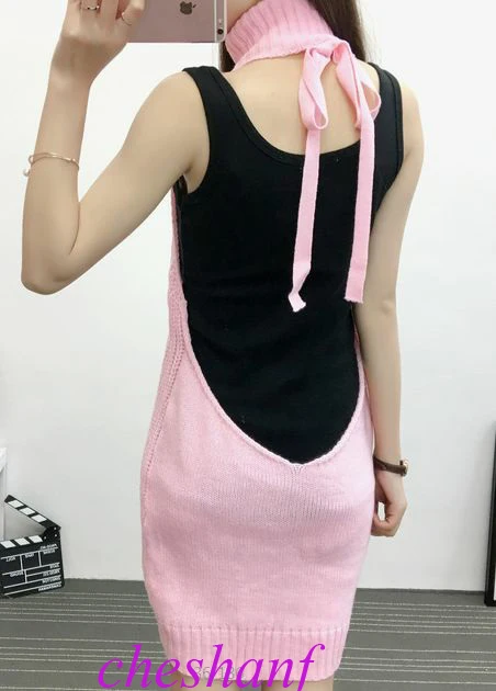 2020 Summer New Turtleneck Sleeveless Long Virgin Killer Sweater Japanes Knitted Sexy backless Women Sweaters And Pullovers