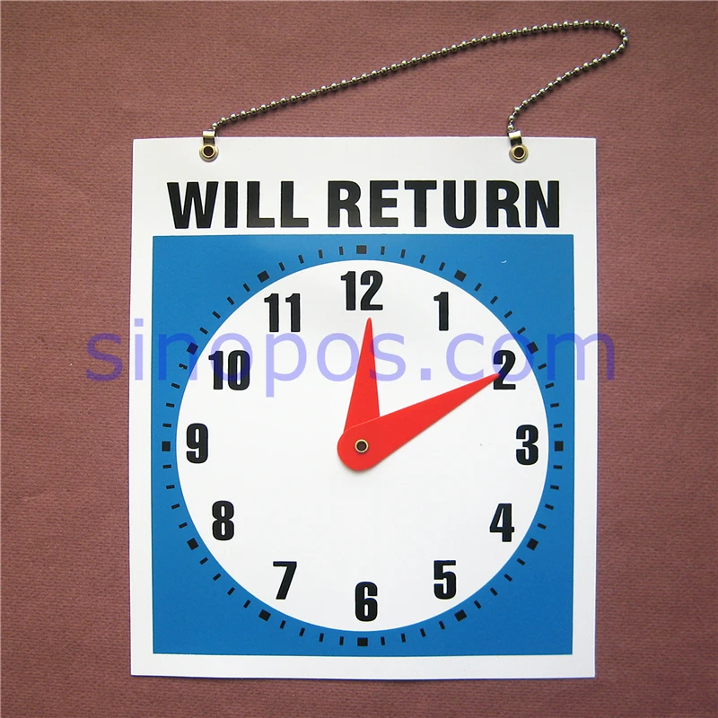 

Double-Sided Will Return Clock Sign 9", retail store office glass door window PVC closed open business hours signs plastic card