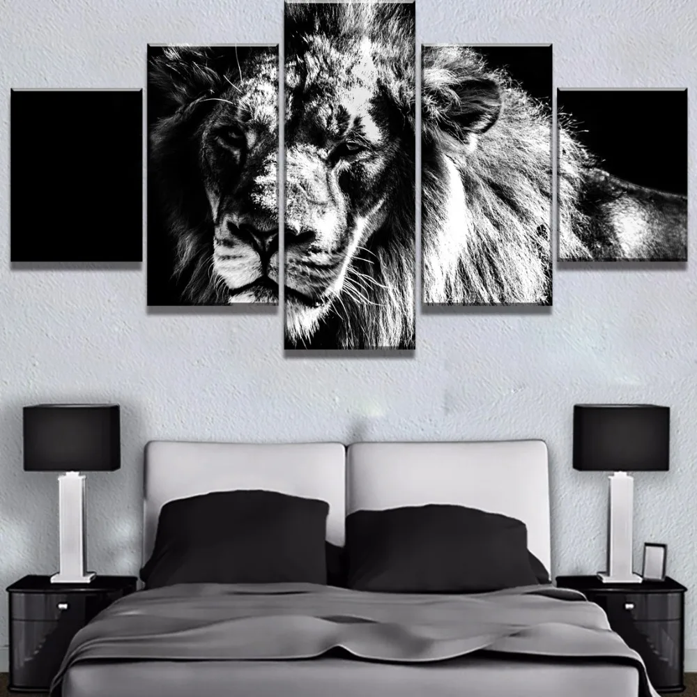 5 Piece HD Print Black And White Lions Poster Modern Decorativ