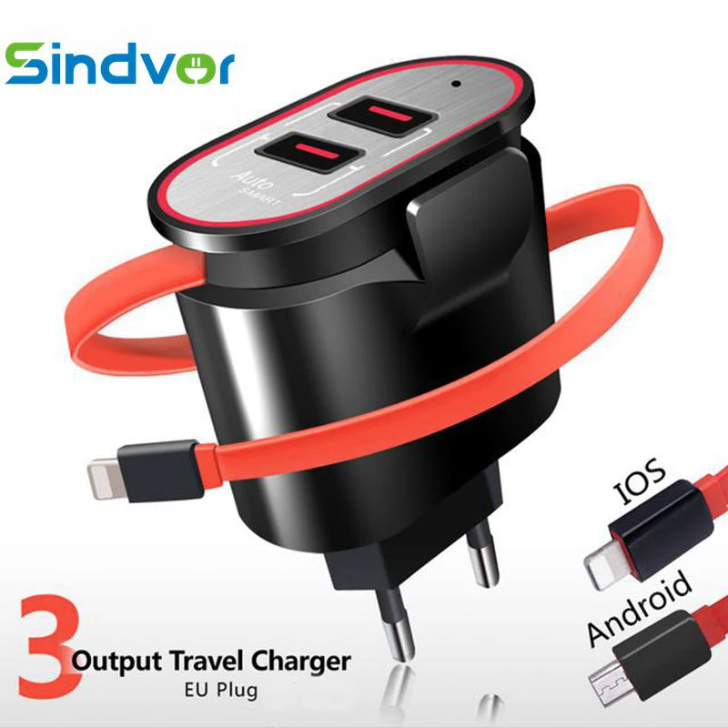 Sindvor 5V 3.1A 2 порта USB зарядное устройство со встроенным кабелем EU Быстрая зарядка настенное зарядное устройство для iPhone X 8 Plus samsung Carregador USB