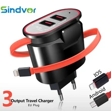 Sindvor 5V 3.1A 2 порта USB зарядное устройство со встроенным кабелем EU Быстрая зарядка настенное зарядное устройство для iPhone X 8 Plus samsung Carregador USB