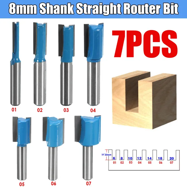 Wolke 7Pcs 8mm Shank Straight Router Bit Set 6mm/8mm/10mm/12mm/14mm/18mm/20mm Diameter Blue Milling Cutter for Wooden Cutting