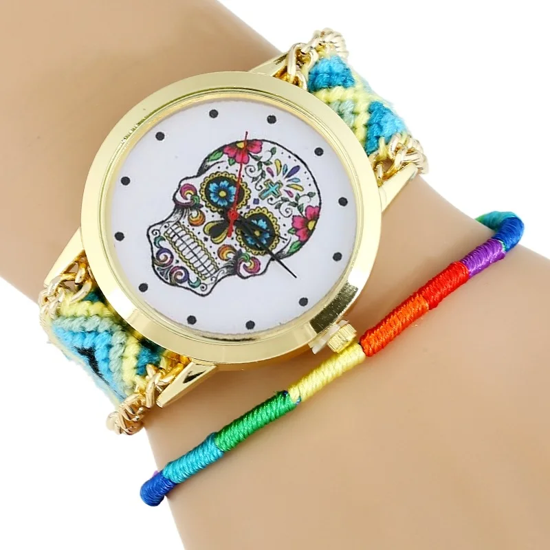 Женские часы мексиканский череп женское платье наручные часы Мода хиппи ткань браслет скелет reloj dama Женева стиль - Цвет: Небесно-голубой