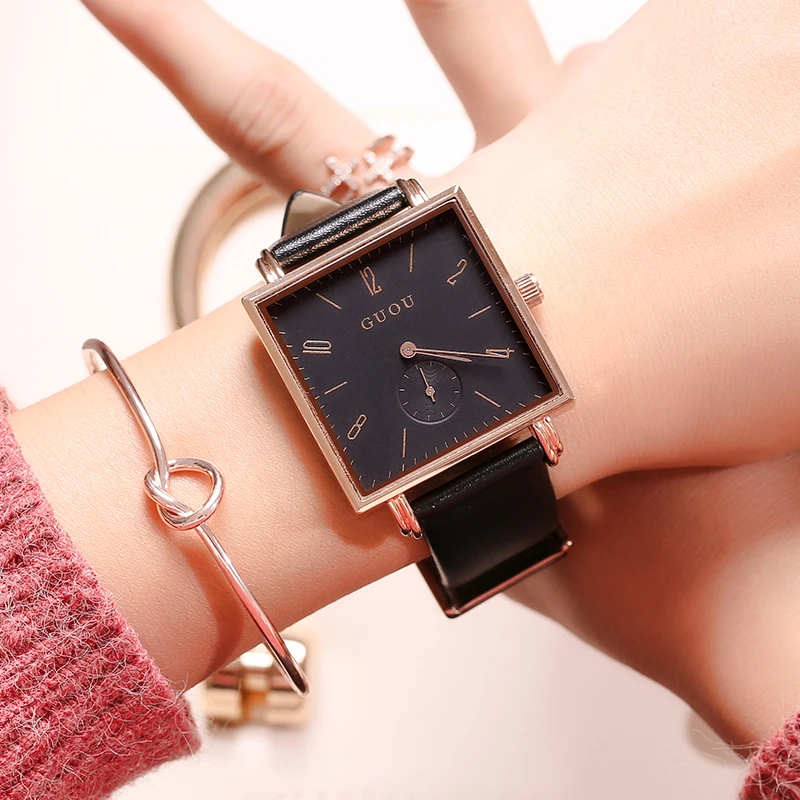 Beste Mode GUOU Quartz Merk Dame Horloges Vrouwen Luxe Rose Goud Antieke Vierkante Lederen Jurk Pols vrouwen horloge Relogio