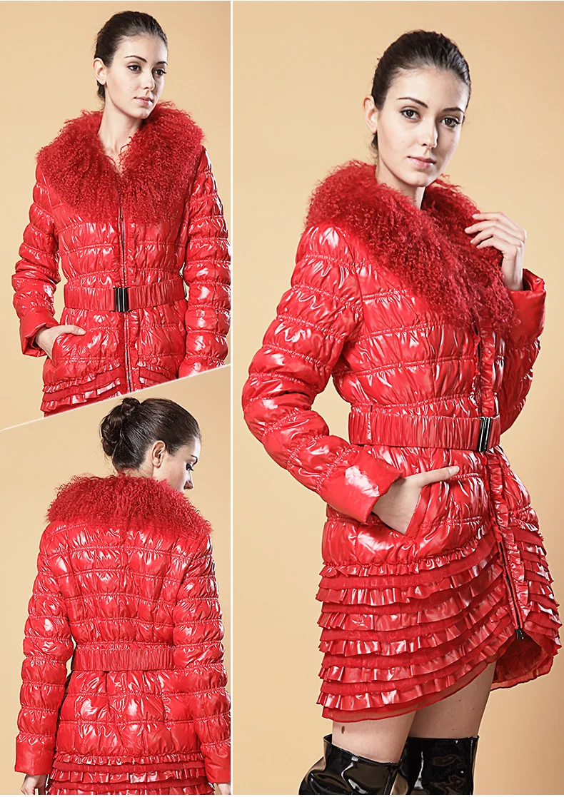 Зима красный шерстяной воротник тонкий пуховик женский Новая мода торт юбка белая утка перо легкое и тонкое пальто для женщин HJ128