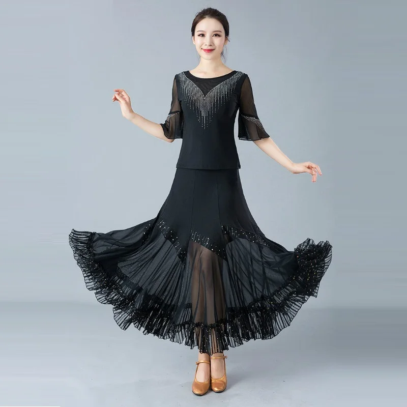 Girls Ballroom Dancing Skirt Female Waltz Dance Blouse Wear Women's