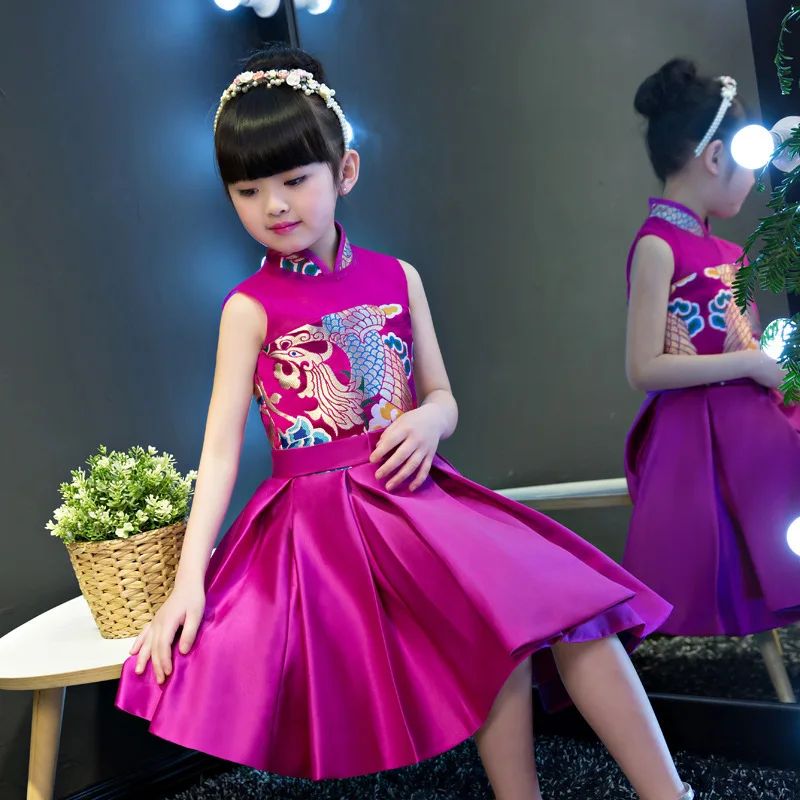 

2018 Girl Cheongsam Satin Dress Traditional Fashion Elegant Chinese New Year Costume Purple Kids Cheongsams Wedding Qipao