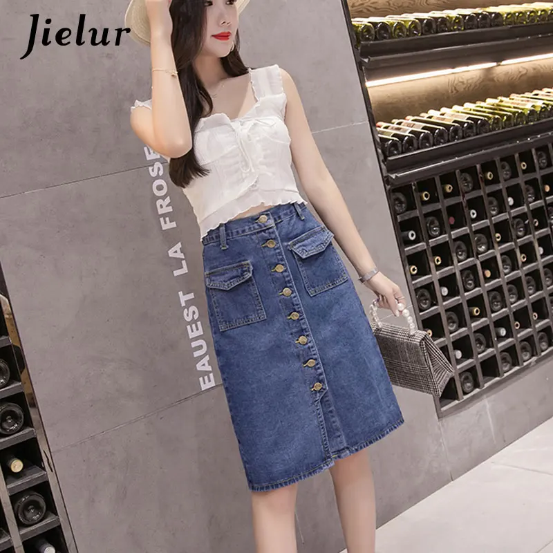 Jielur Korean Fashion High Waist Skirt Plus Size Buttons Pockets Classic Jeans Skirt for Women S-5XL Elegant Jupe Femme Dropship Skirts