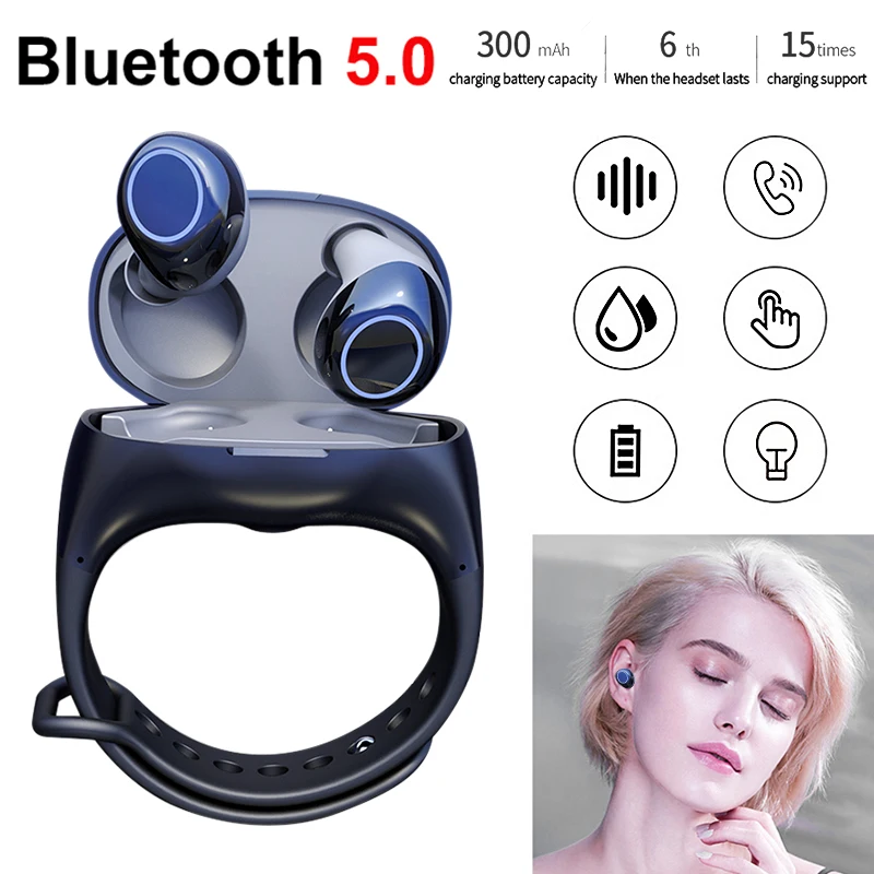 

HM50 TWS Bluetooth Wireless Earbuds EarPhones HiFi Bluetooth 5.0 Earphones Portable Smart Wristband Wireless Headset In-ear