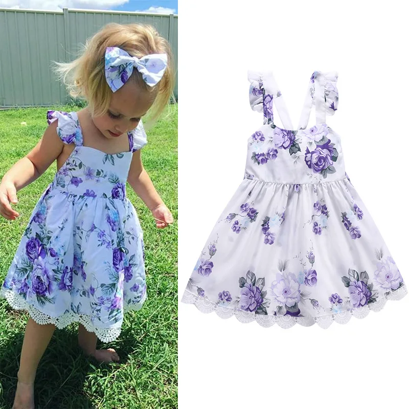 

Summer Purple Flower Print Girls Lace Dress Cotton Sleeveless Kids Dress Girls Beach Dress Fashion Kids Clothing Dress for Girls
