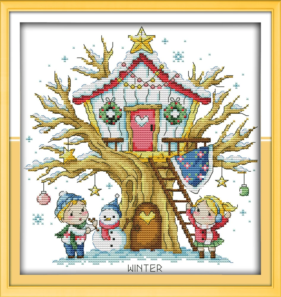 

Tree House (Winter) cross stitch kit aida 14ct 11ct count printed canvas stitches embroidery DIY handmade needlework