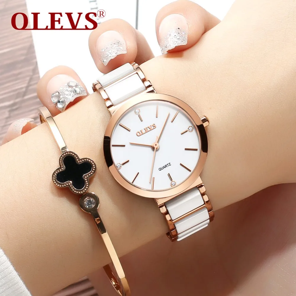 OLEVS Simple Charm Ladies Wristwatches Ceramic Strap Luxury Gold Women Watches Clock Cubic Zirconia Thin Waterproof Woman Watch