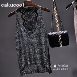 Cakucool Для женщин Золотой Люрекс knit Tank top Sexy выдалбливают бретели спинки отверстия Bling базовые Топы Тонкий Роковой Лето майки роскошные