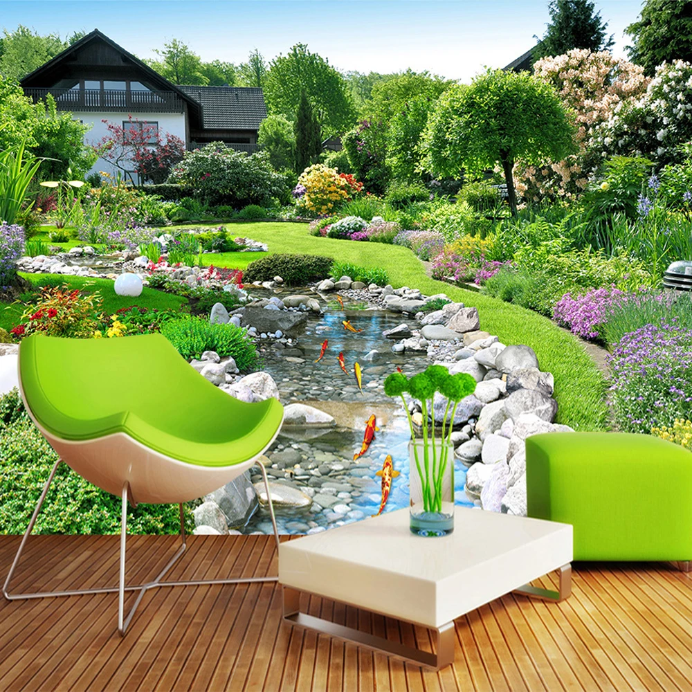 Custom Photo Wallpaper 3D Nature Landscape Large Mural Garden Fish Pond Background Wallpaper For 