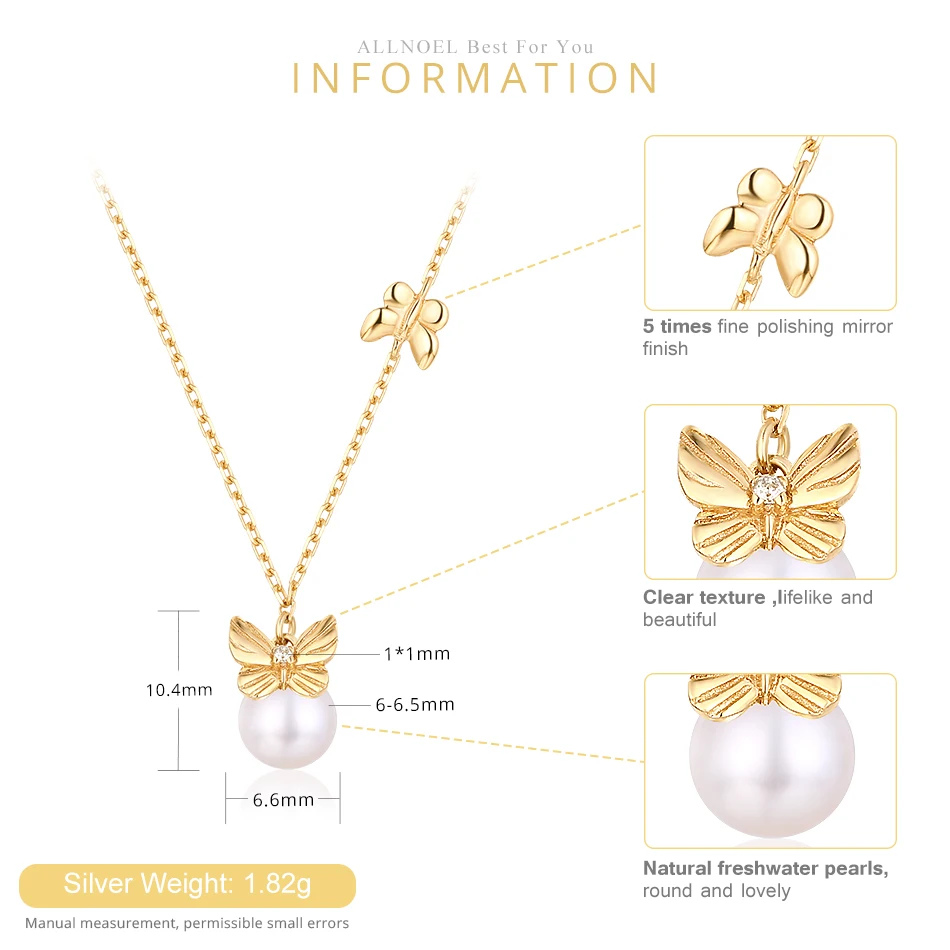ALLNOEL 925 Sterling Silver Women's Necklace Chain  Minimalist 9K Jewelry Fresh Water Pearl Butterfly Pendant Necklaces Jewellry (6)
