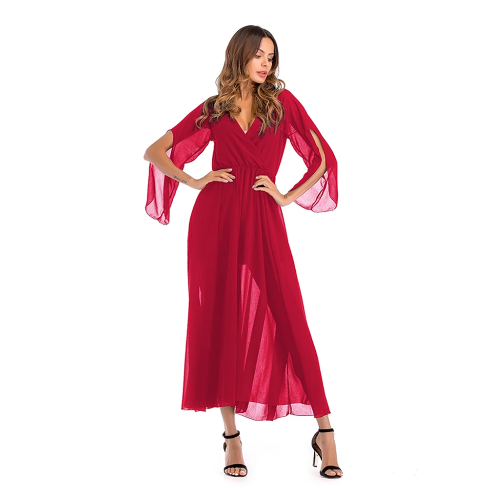 

Louyebouho Women Sexy Deep V Neck Chiffon Long Dress Ladies Elegant Stylish Pure Color Maxi Dress High Waist Party Robe Vestidos