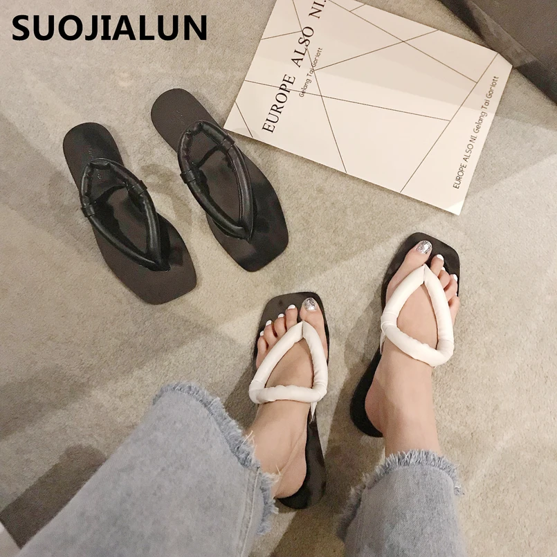 

SUOJIALUN 2019 Women Slippers Beach Flip Flops Wadded PU Velvet Straps Flat Shoes Casual Outsides Summer Sandals Slippers