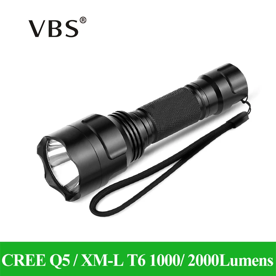 

LED Flashlight CREE Q5 / XM-L T6 1000lm / 2000Lumens Torch zaklamp Light No 1x18650 battery 5 Modes High Middle Low Strobe SOS