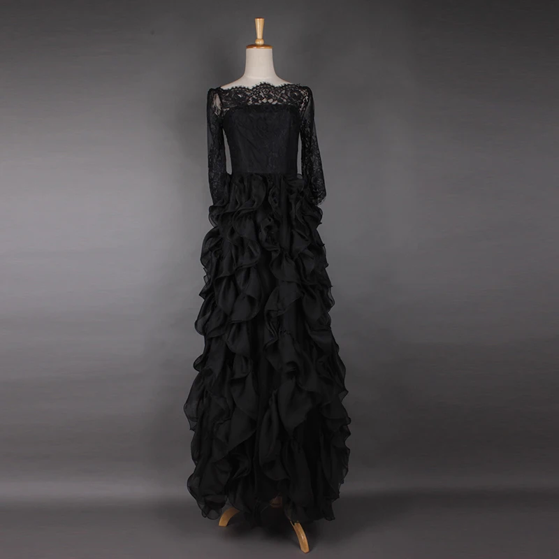 

2017 Spring Newest Fashion High Quality Black Perspective lace embroidery Lantern Three Quarter Sleeve Elegant Floor-Lengh Dress