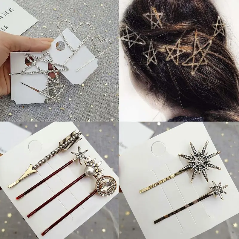 

1 Set Women Metal Alloy One Word Bobby Pins Glitter Rhinestone Star Heart Arrow Hair Clips Vitnage Jewelry Hair Accessories