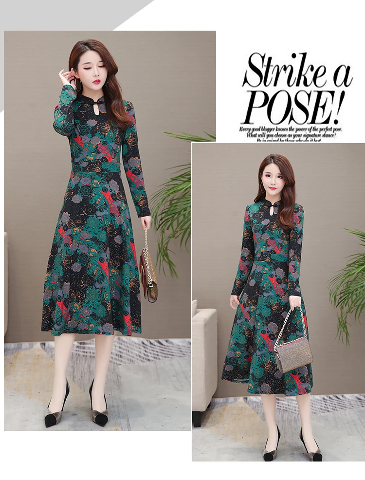 Floral Print Maxi Dress Long Sleeve Vintage Formal Dress Women Elegant for Work Plus Size 5XL Robe Femme 2019 Mom Women Dresses 4