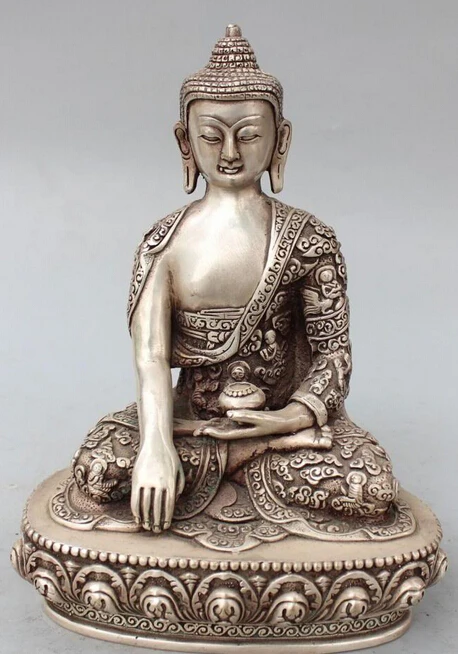 

9" Chinese Tibet Buddhism Silver Shakyamuni Sakyamuni Buddha Bowl Arhat Statue R0709