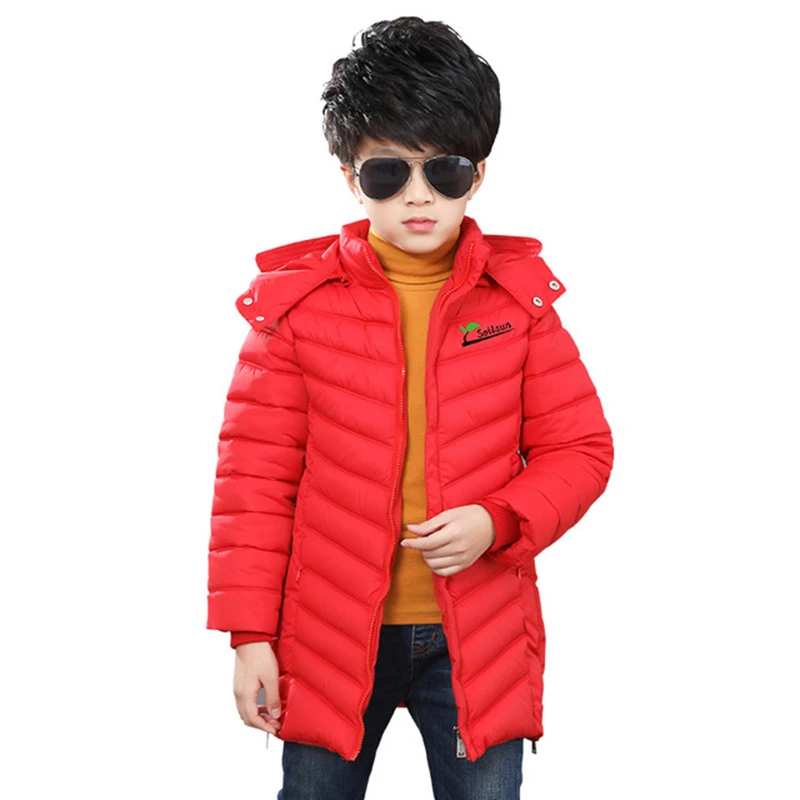 Детская зимняя куртка для мальчика, пуховая одежда Детская осенняя стеганая куртка с капюшоном, парка длинное пальто, ультра-светильник пальто, От 3 до 15 лет - Цвет: Красный