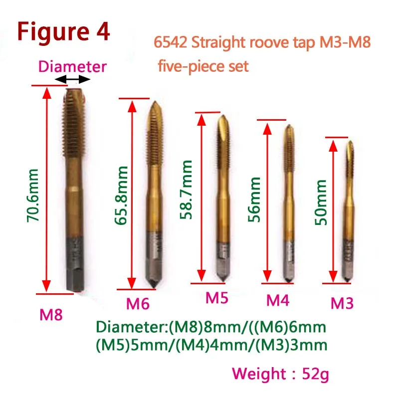 Регулируемый ключ с Т-образной ручкой, гаечный ключ, M3-M8, винтовые краны, метрические заглушки, ручные инструменты, набор для крана и штампов - Цвет: 5pcs Straight taps