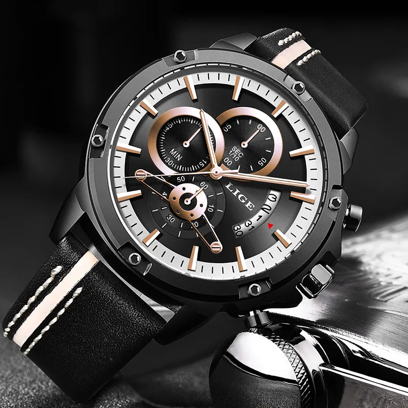 2019 Erkek Kol Saati LIGE New Mens Watches Top Brand Luxury Fashion Quartz Clock Men Casual Leather Black Sport Waterproof Watch